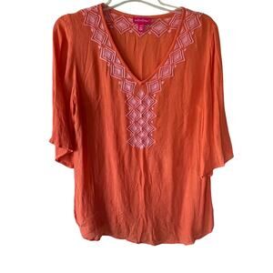 Lilly Pulitzer Size M Dark Peach Pink embroidery V Neck Crinkle tunic